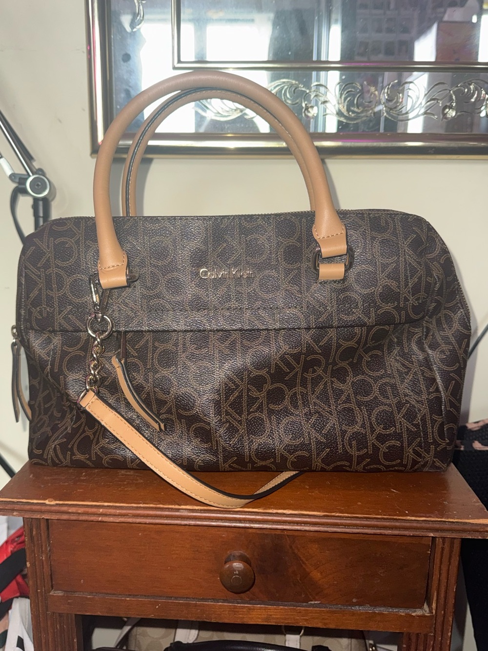 Calvin Klein Brown Monogram Duffel with Tan Handles